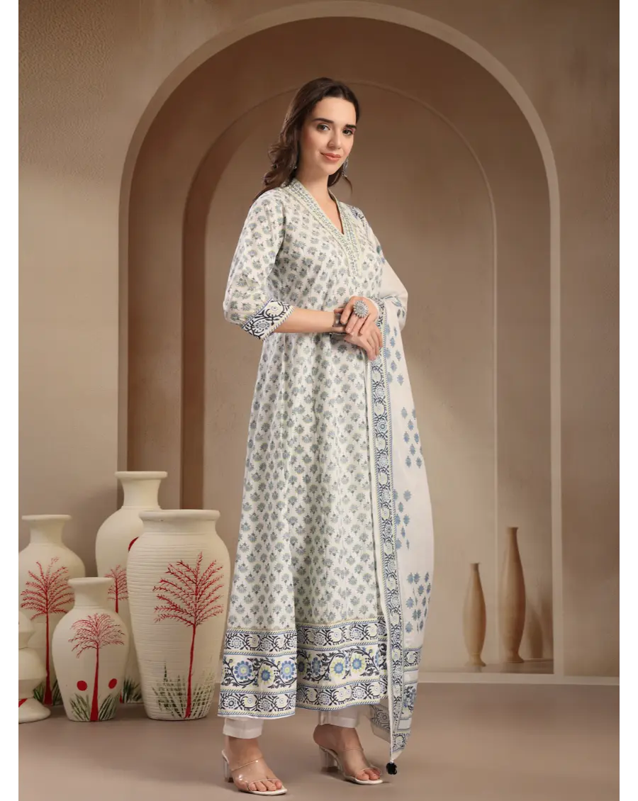Women Cream Printed Cotton Fabric Anarkali Kurta Set