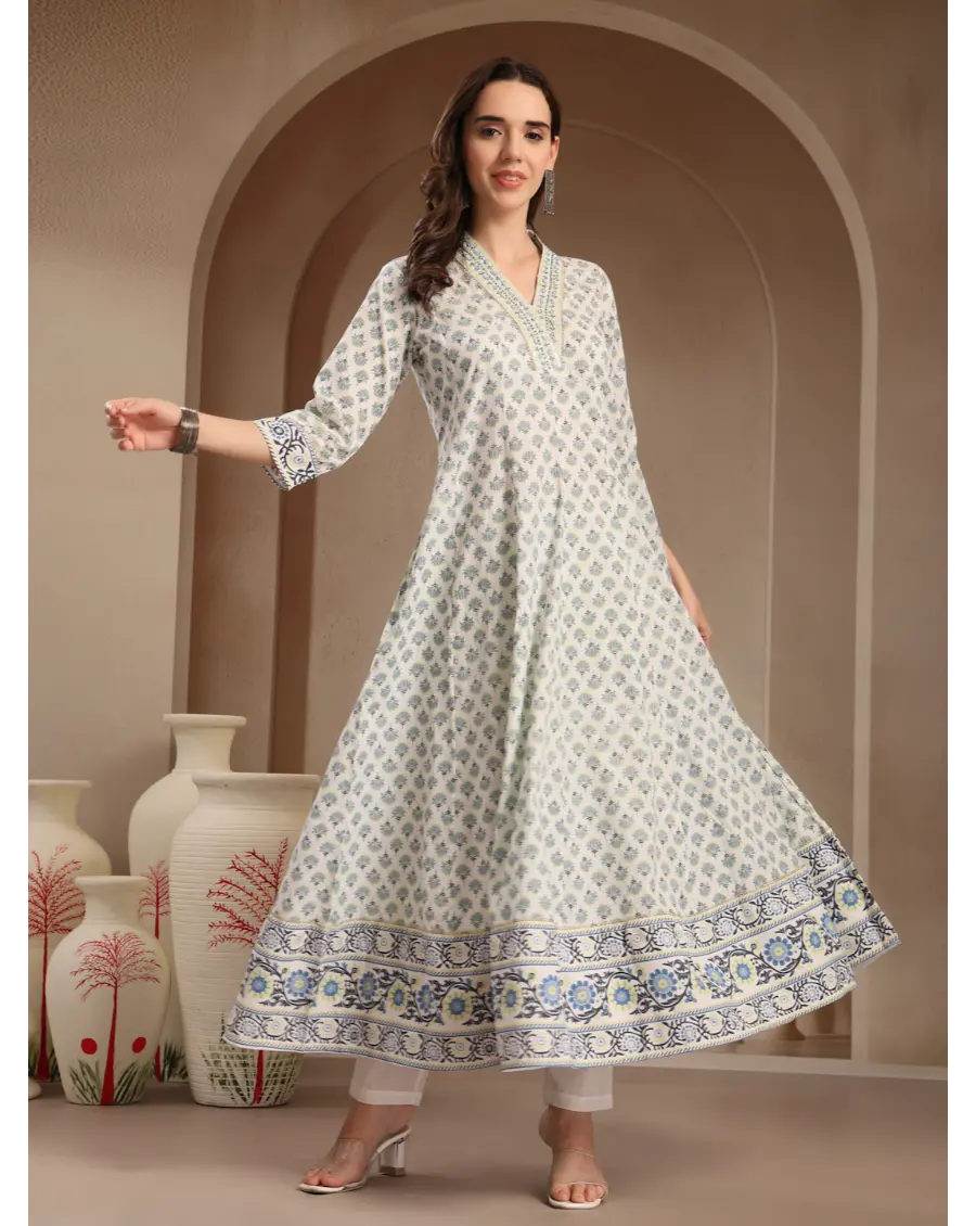 Women Cream Printed Cotton Fabric Anarkali Kurta Set