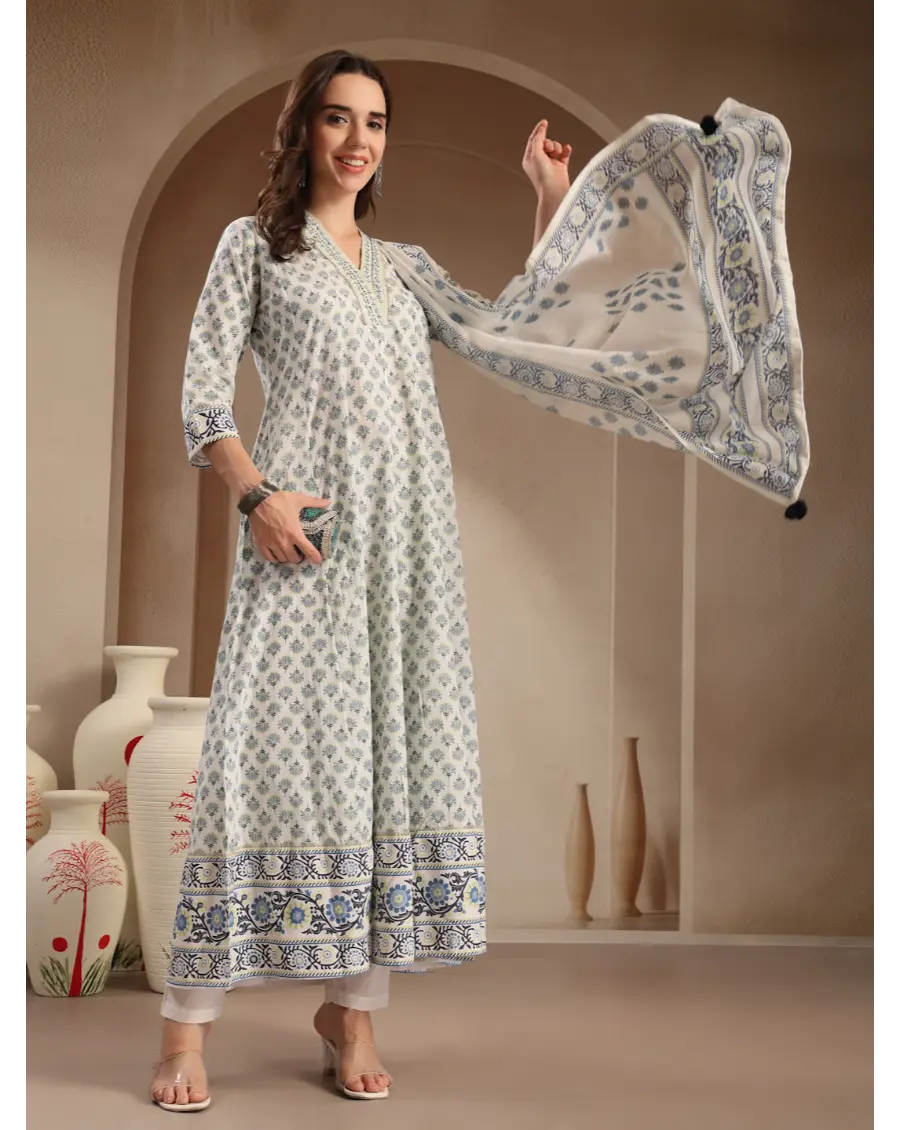 Women Cream Printed Cotton Fabric Anarkali Kurta Set
