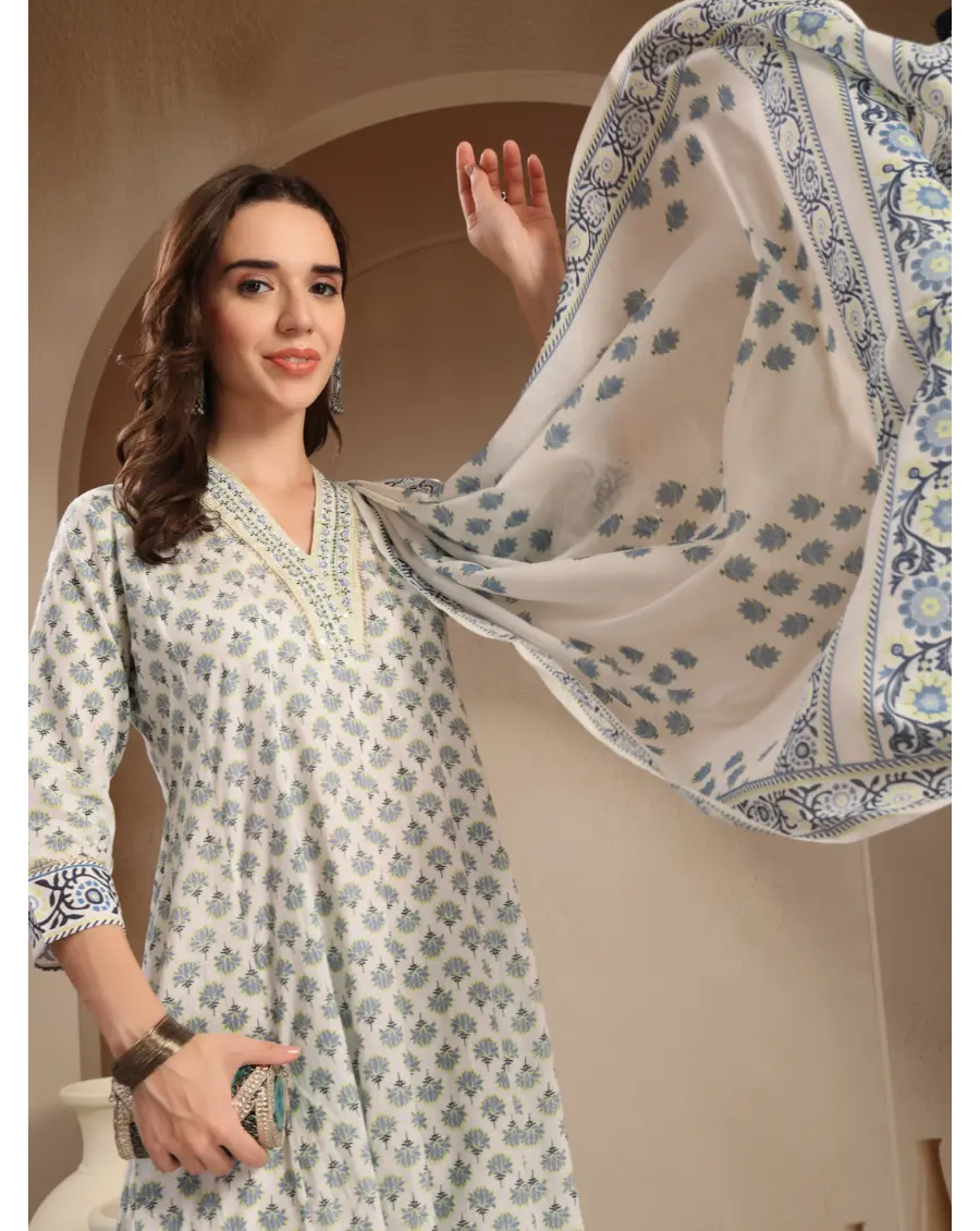 Women Cream Printed Cotton Fabric Anarkali Kurta Set