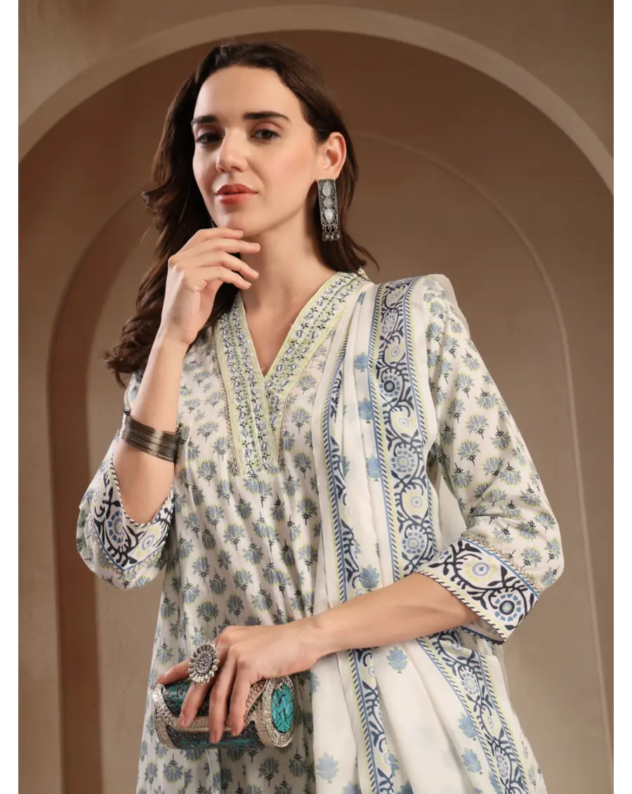 Women Cream Printed Cotton Fabric Anarkali Kurta Set