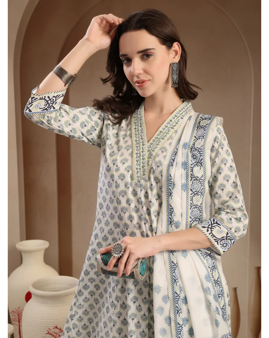 Women Cream Printed Cotton Fabric Anarkali Kurta Set