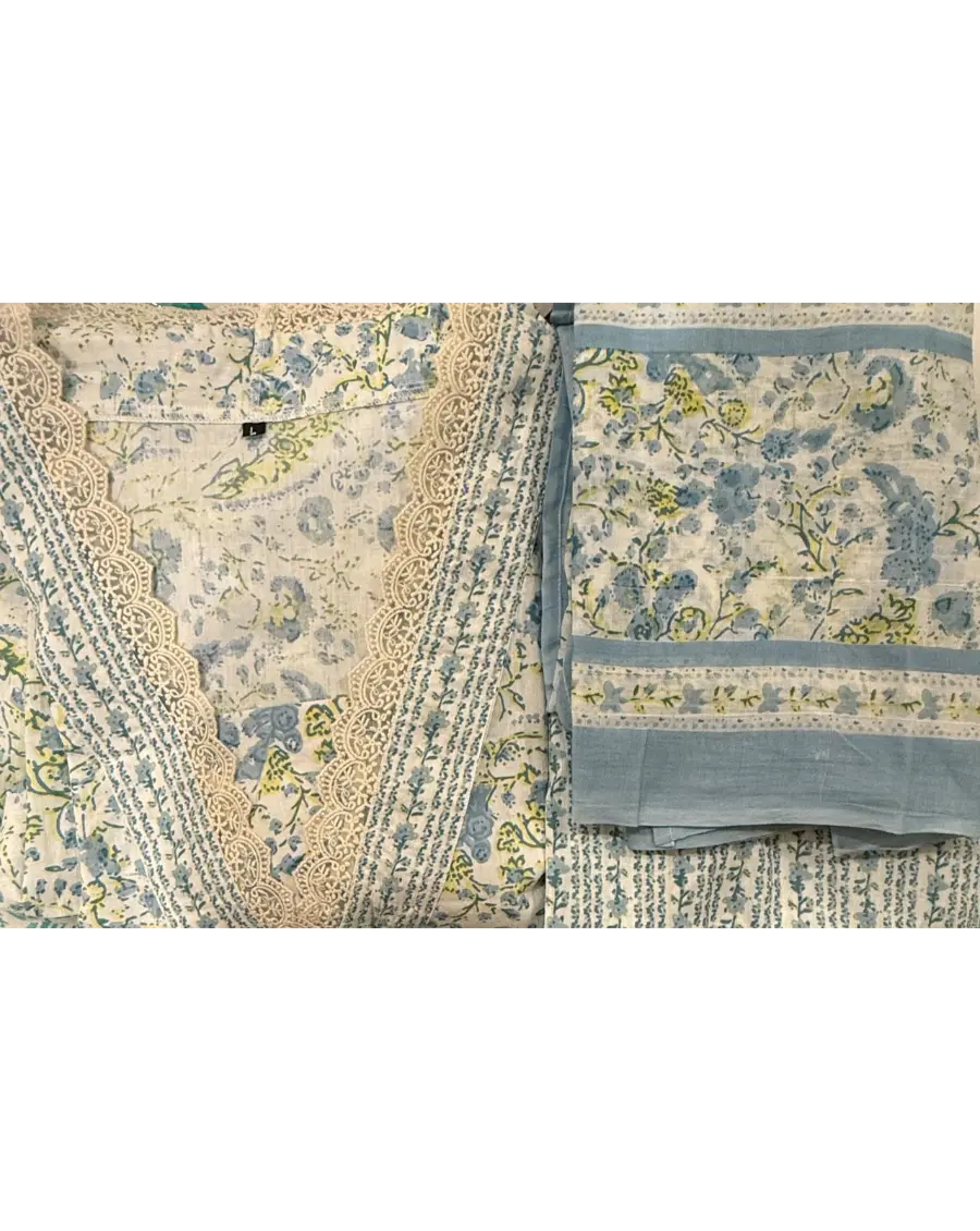 Women Cream Blue Sanganeri  Anarkali Cotton Suit