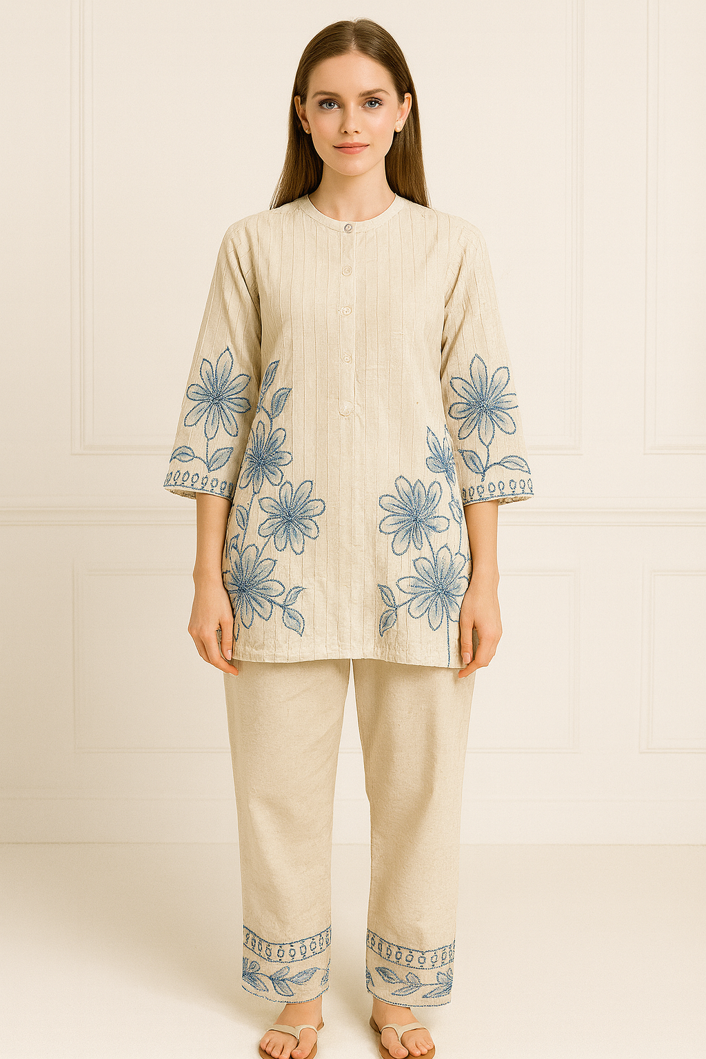 Off-White Floral Blue Embroidery Co-Ord Set