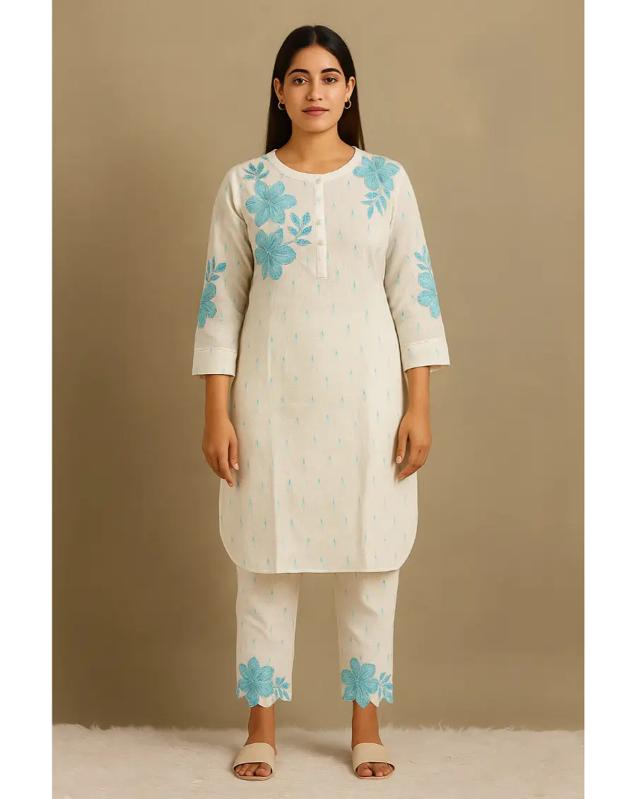 Women Off White -Blue Floral Embroidery Cotton Co-ord set