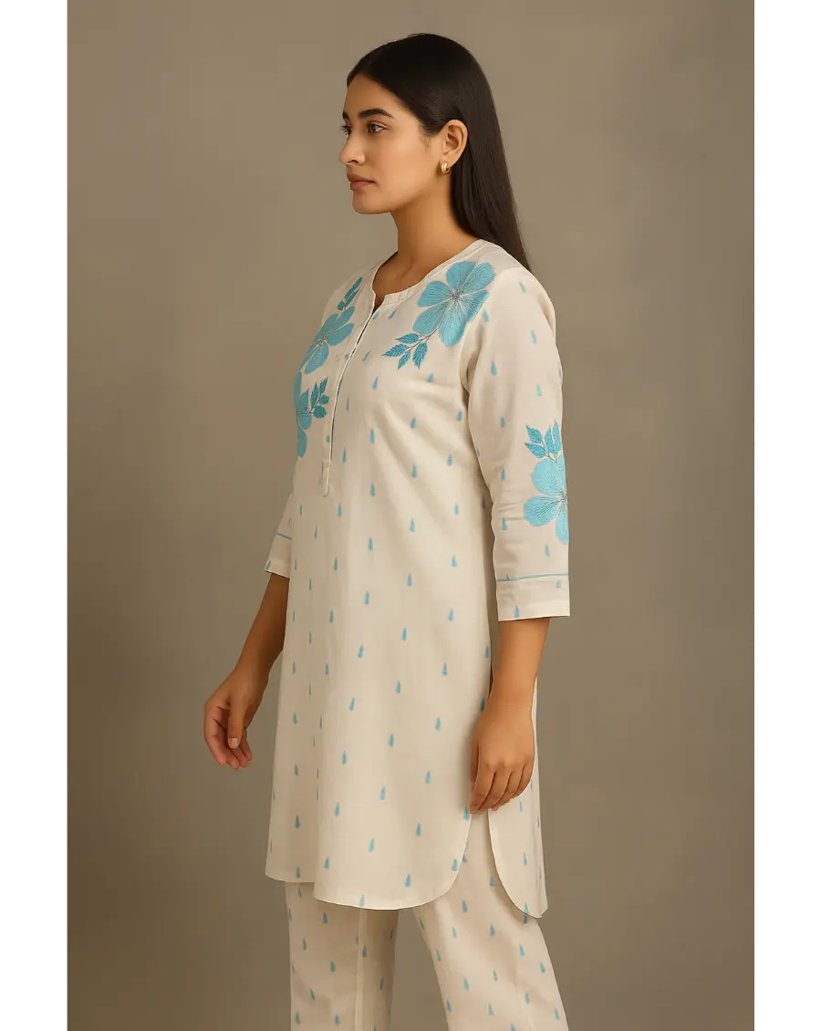 Women Off White -Blue Floral Embroidery Cotton Co-ord set