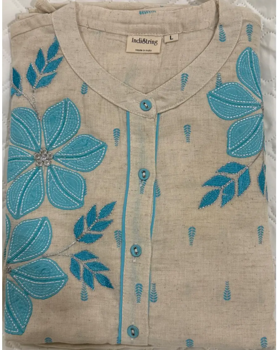 Women Off White -Blue Floral Embroidery Cotton Co-ord set