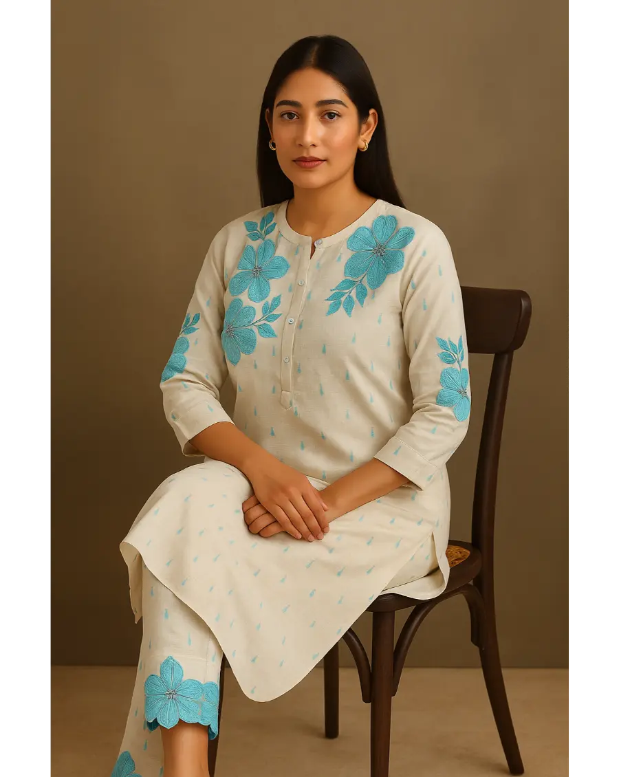 Women Off White -Blue Floral Embroidery Cotton Co-ord set