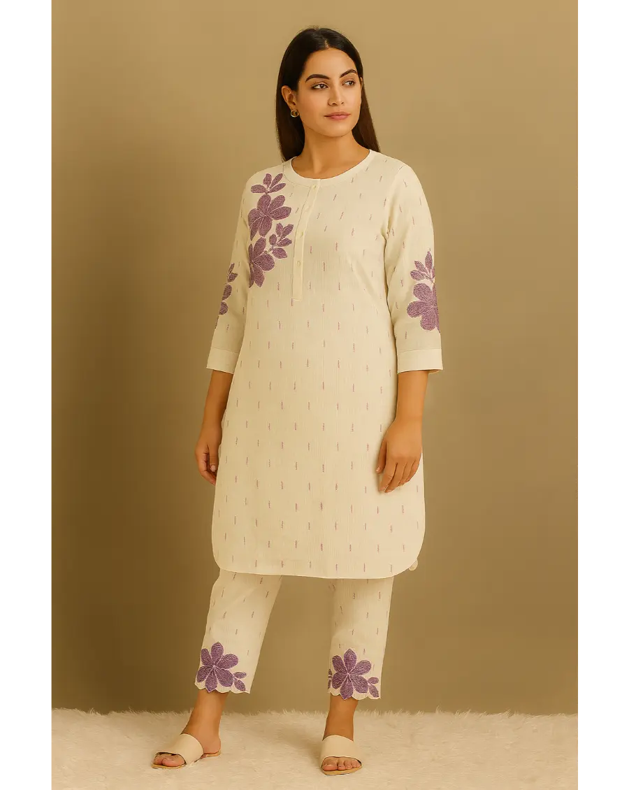 Women Off White-Purple Floral Embroidery Cotton Co-ords Set