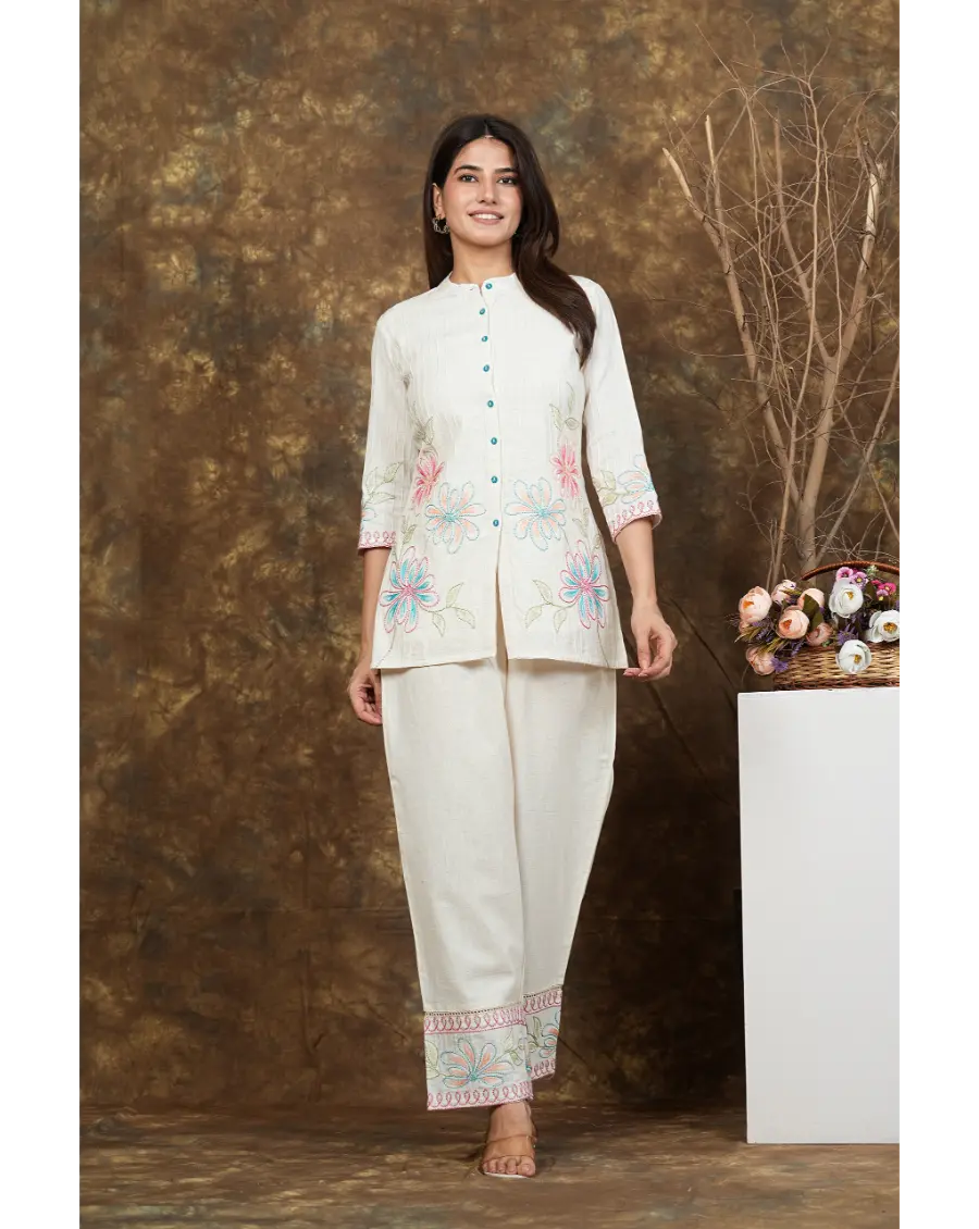 Women Off White Embroidery (Sky Blue-Pink) Cotton Co-ord set