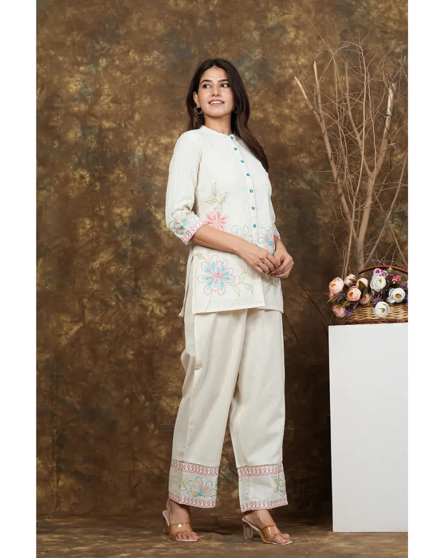 Women Off White Embroidery (Sky Blue-Pink) Cotton Co-ord set