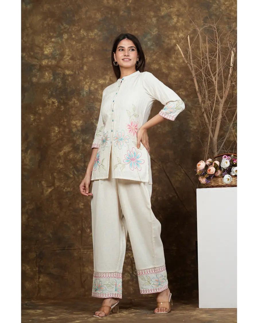 Women Off White Embroidery (Sky Blue-Pink) Cotton Co-ord set