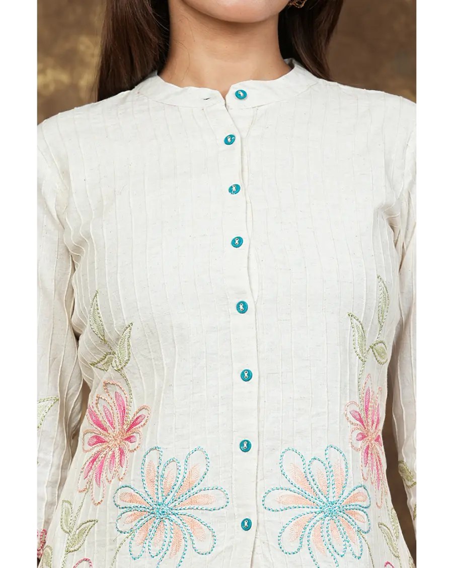 Women Off White Embroidery (Sky Blue-Pink) Cotton Co-ord set
