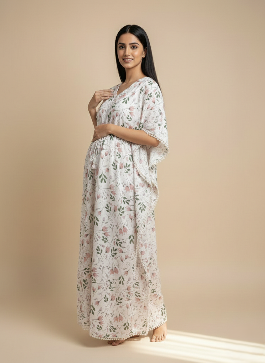 Women Cotton Maternity Floral Print Long Kaftan Maxi