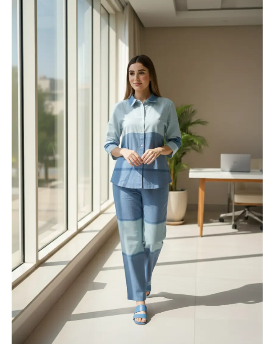 Cambric Cotton Breathable Blue Colour Ombre Co-ord Set