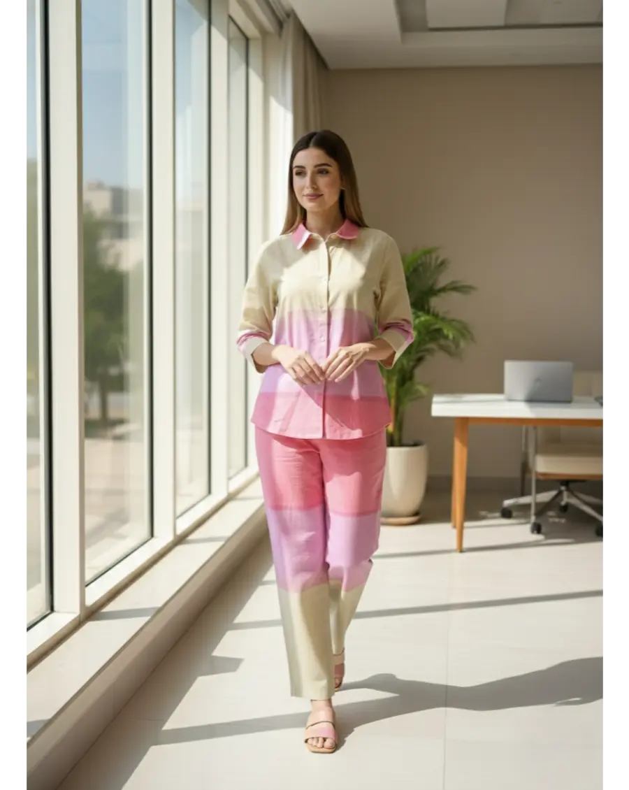 Cambric Cotton Breathable  Ombre Pink Co-ord Set