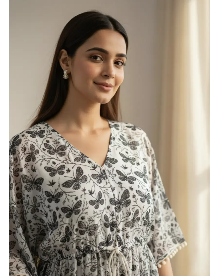 Combed Cotton Maternity Butterfly Print Long Kaftan Maxi