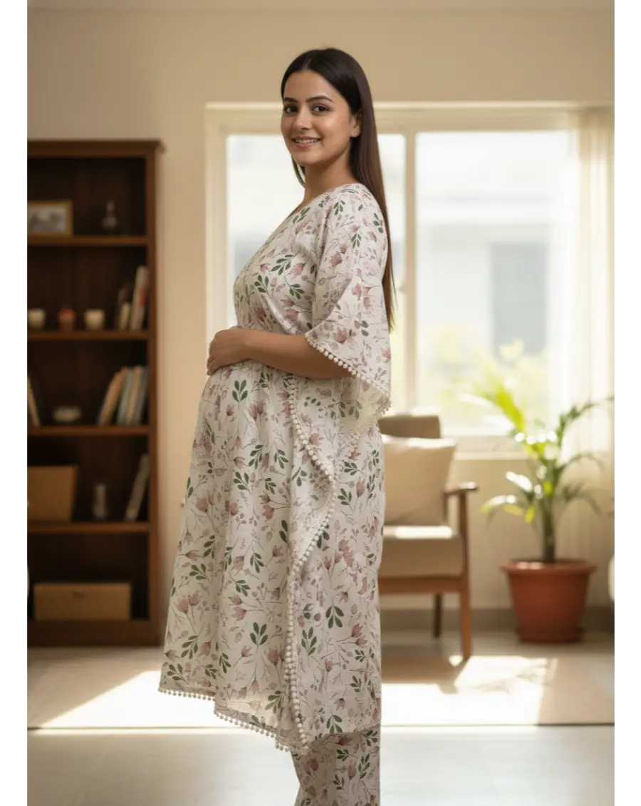Women Cotton Maternity Kaftan Pattern Floral Print Co-ord Set