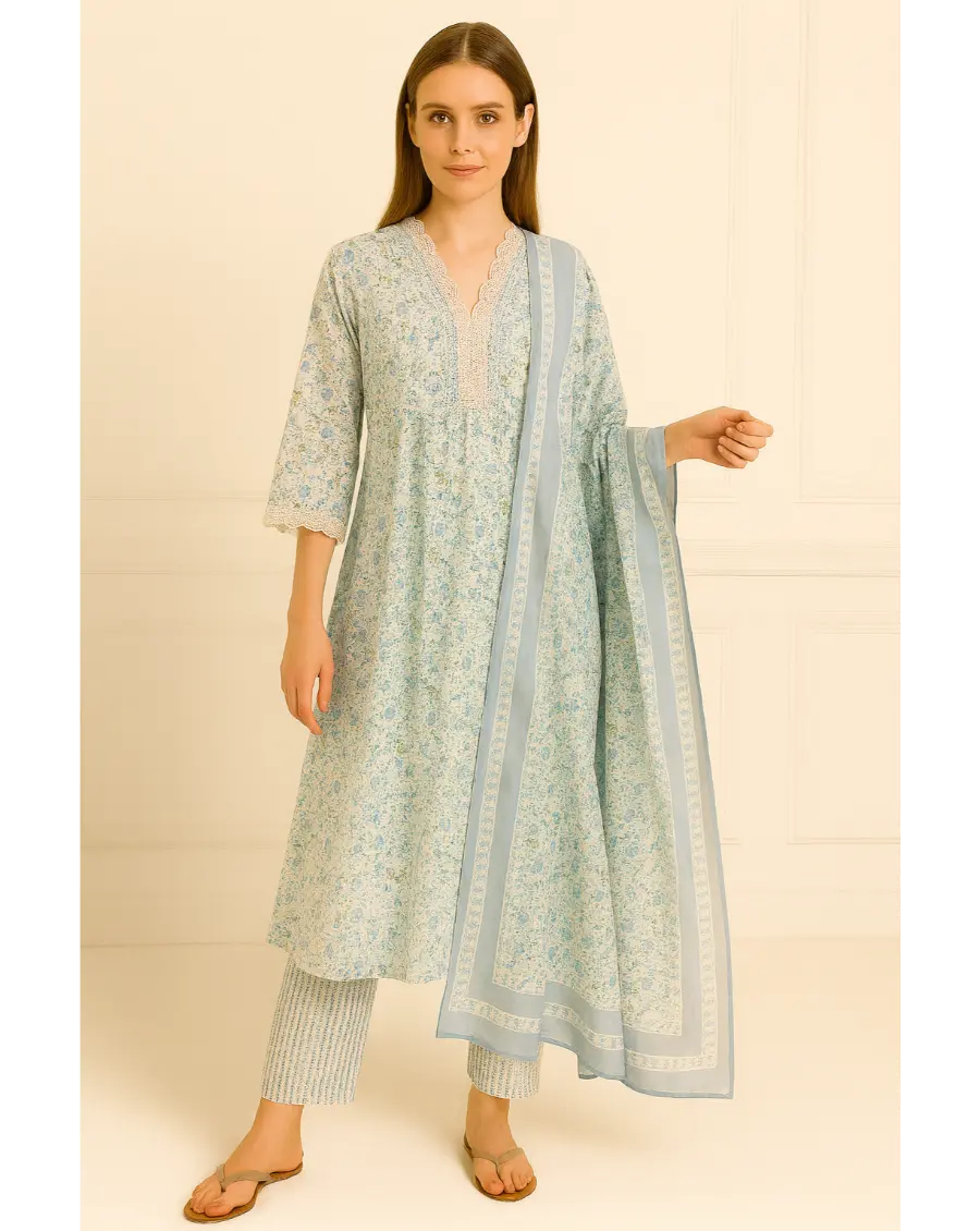 Women Cream Blue Sanganeri  Anarkali Cotton Suit