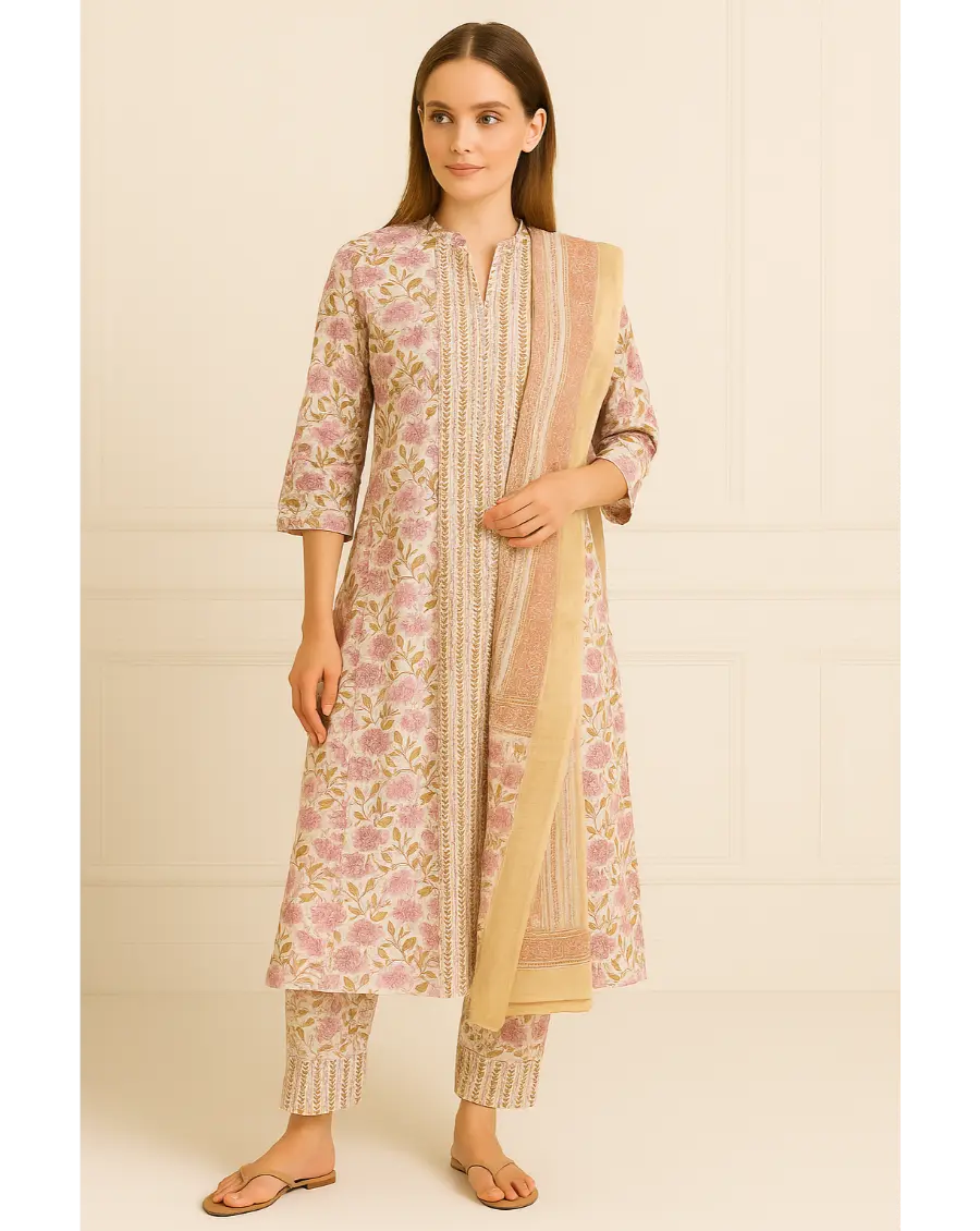 Women Pink Beige Cotton Sanganeri print suit