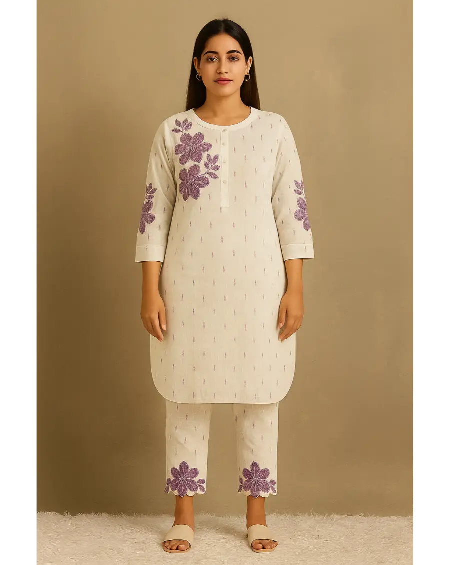 Women Off White-Purple Floral Embroidery Cotton Co-ords Set
