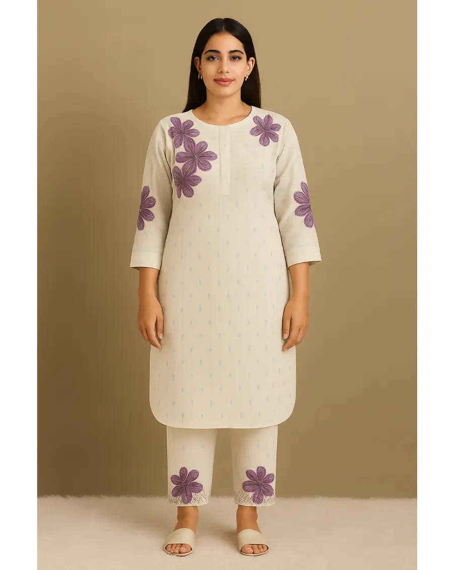 Women Off White-Purple Floral Embroidery Cotton Co-ords Set