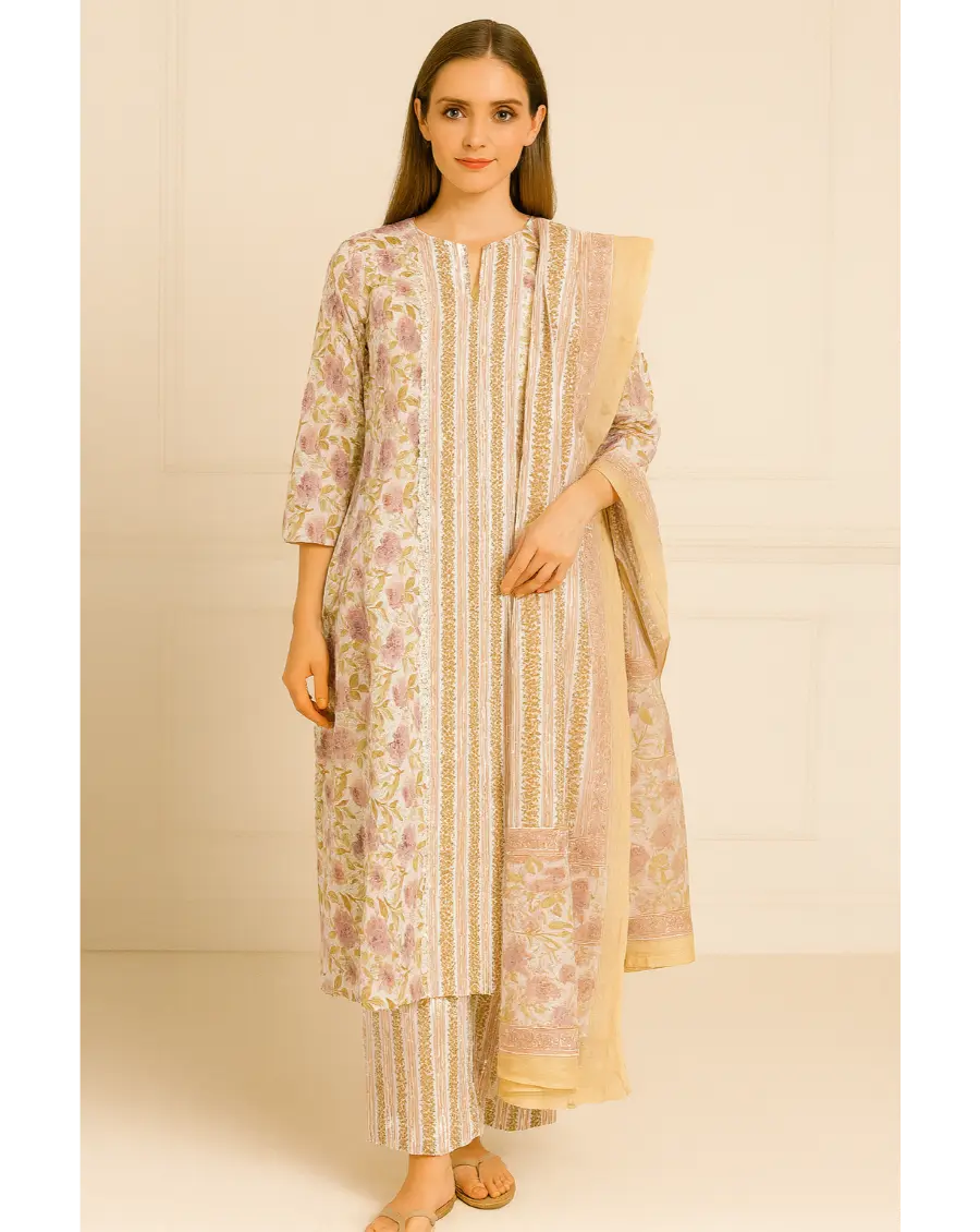 Women Pink Beige Cotton Sanganeri print suit