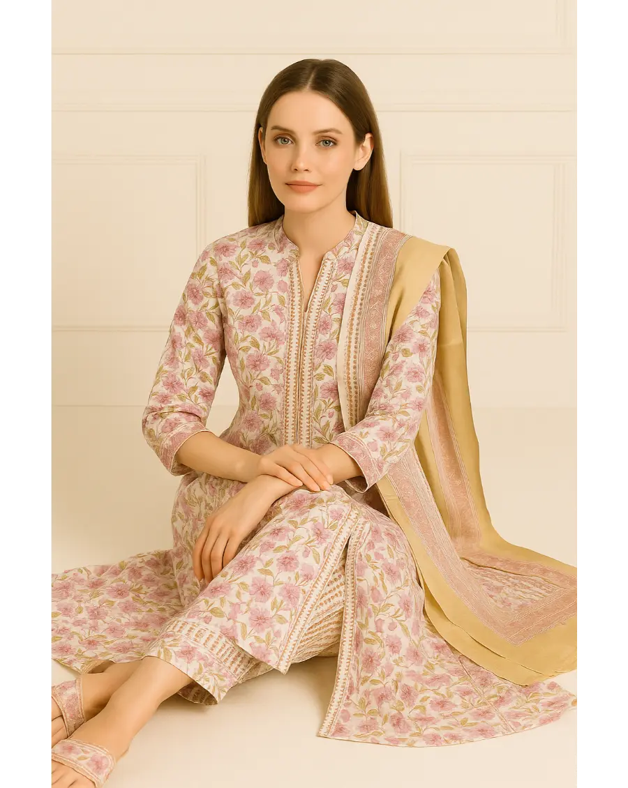 Women Pink Beige Cotton Sanganeri print suit