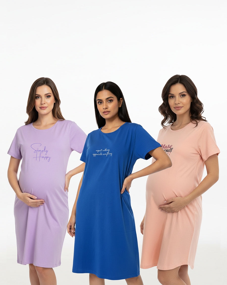 Pack of 3-Women Bump Friendly Lounge T-Shirt-Blue, Peach, Lavender