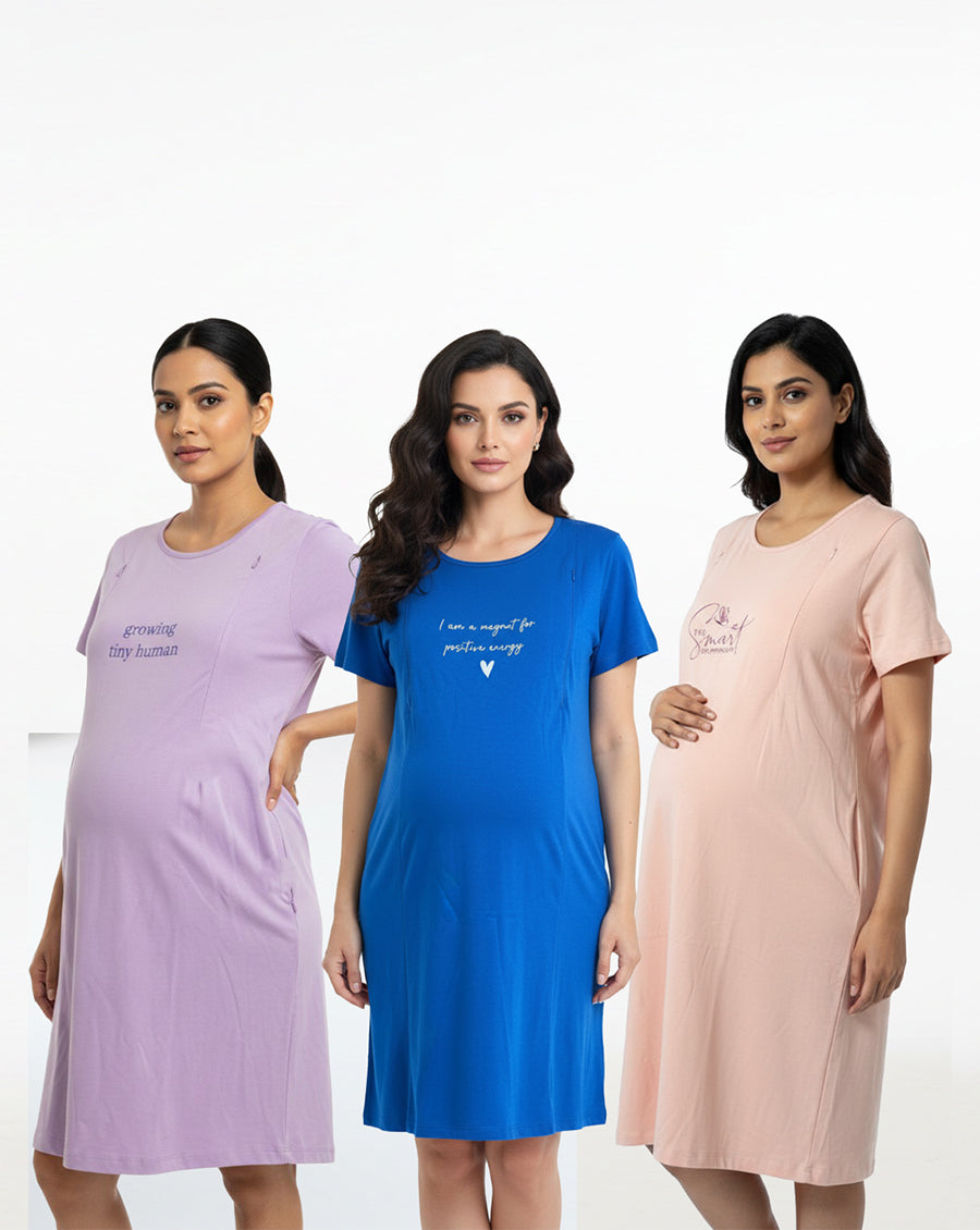 Pack of 3-Women Maternity Feeding Zip Lounge T-Shirt-Blue, Peach, Lavender