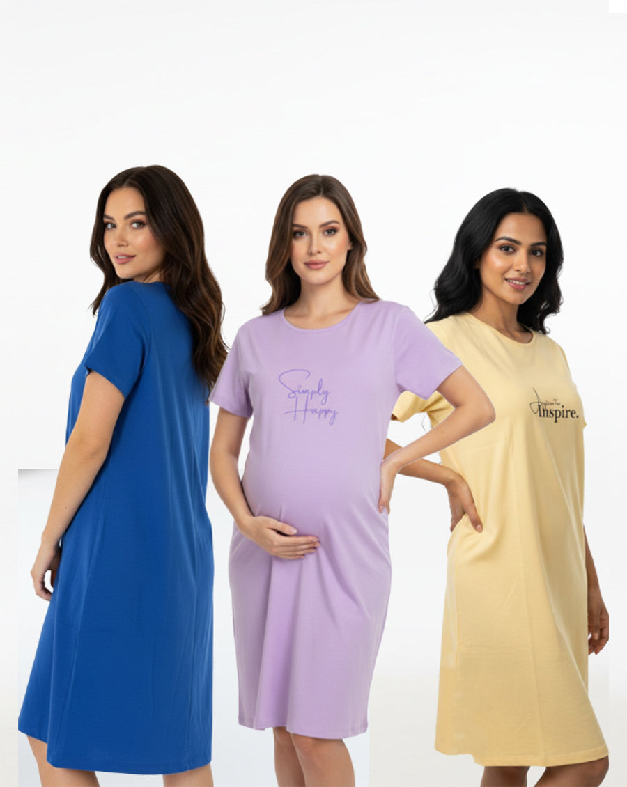 Pack of 3-Women Maternity Lounge T-Shirt- Yellow ,Blue ,Lavender