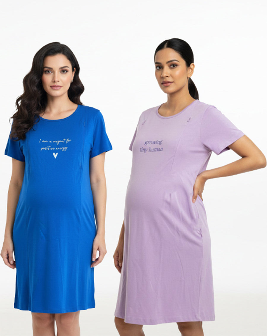 Pack of 2-Women Maternity Feeding Zip Lounge T-Shirt-Blue, Lavender