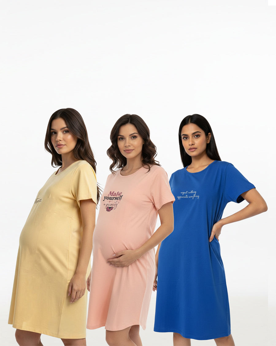 Pack of 3-Women Bump Friendly Lounge T-Shirt- Peach,Yellow,Blue