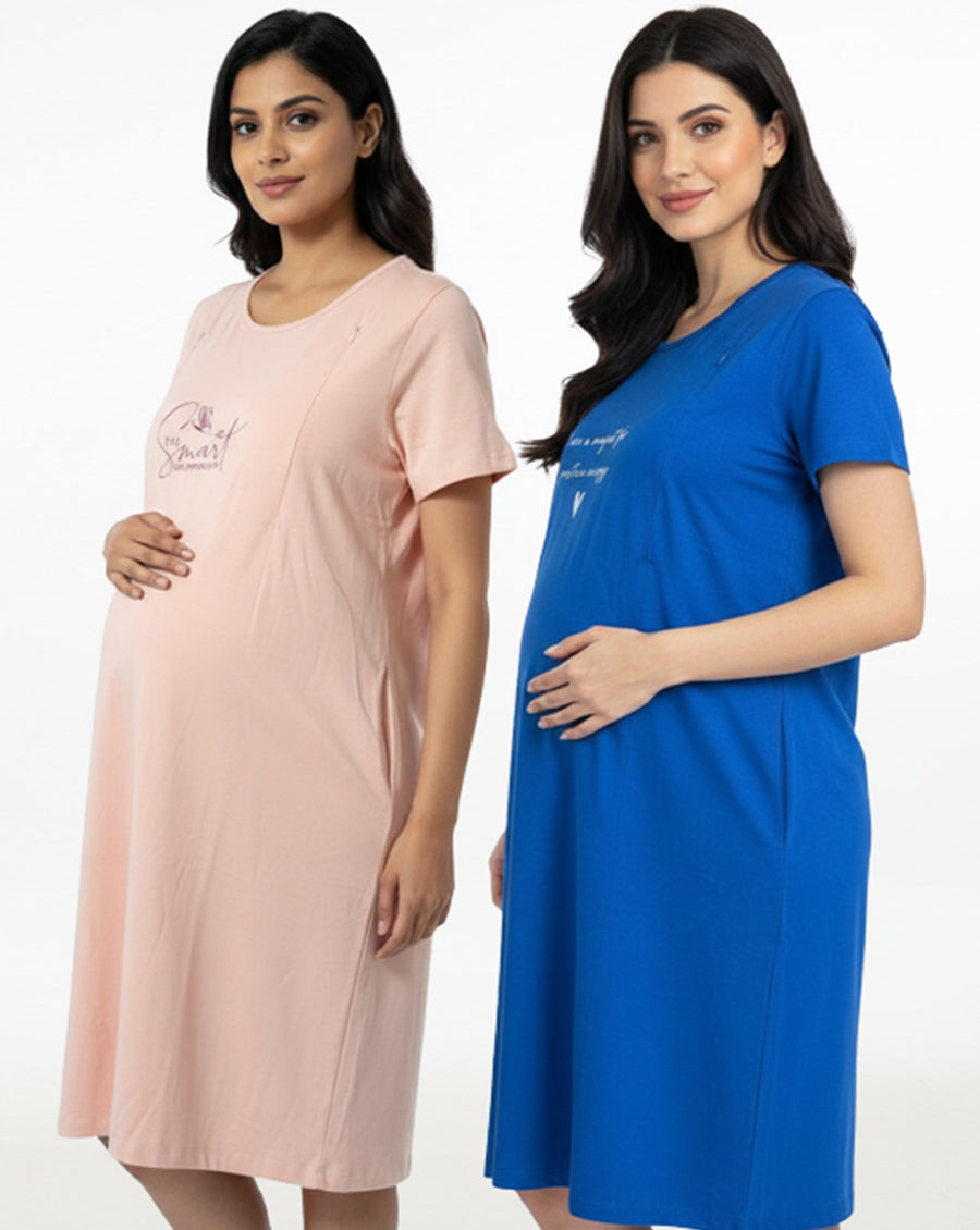 Pack of 2-Women Maternity Feeding Zip Lounge T-Shirt- Peach,Blue