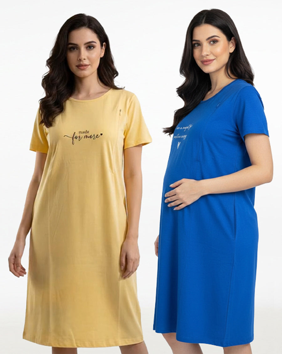 Pack of 2-Women Maternity Feeding Zip Lounge T-Shirt-Blue, Yellow