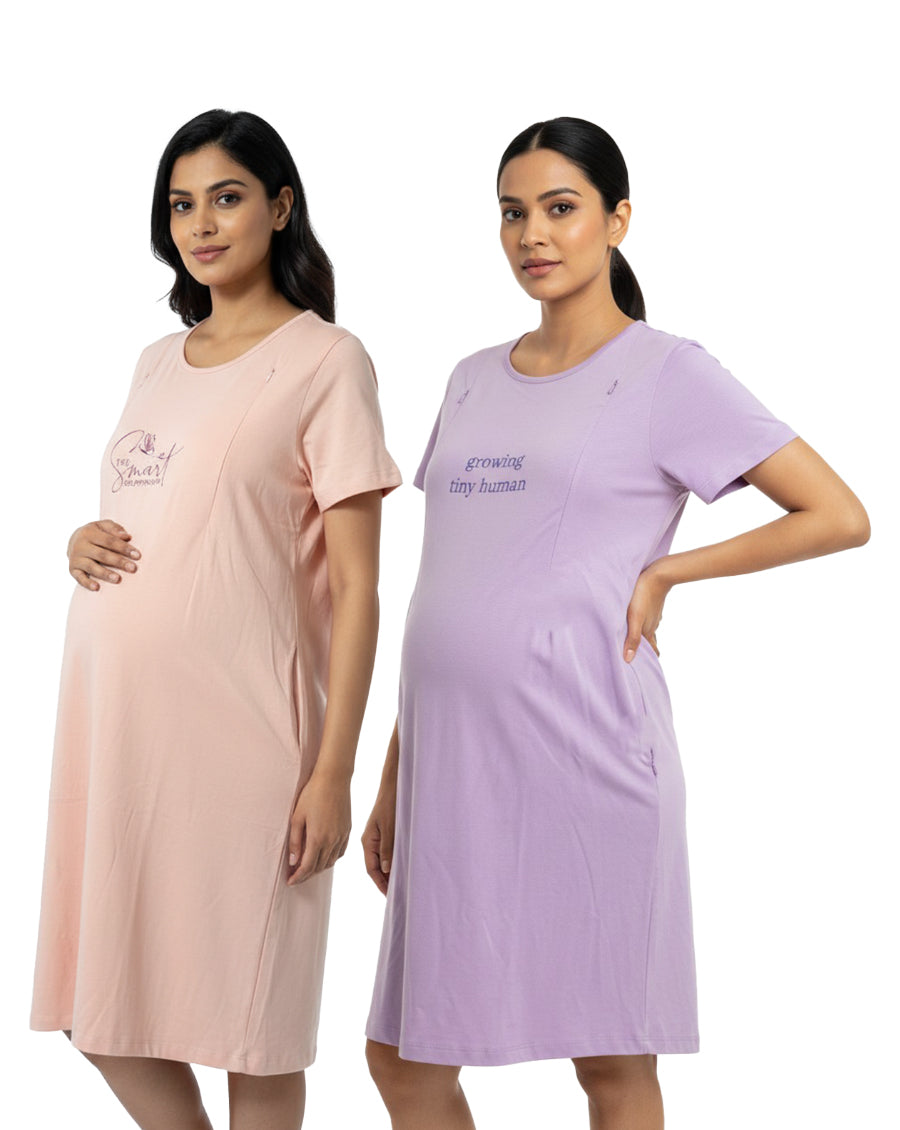 Pack of 2-Women Maternity Feeding Zip Lounge T-Shirt-Peach, Lavender