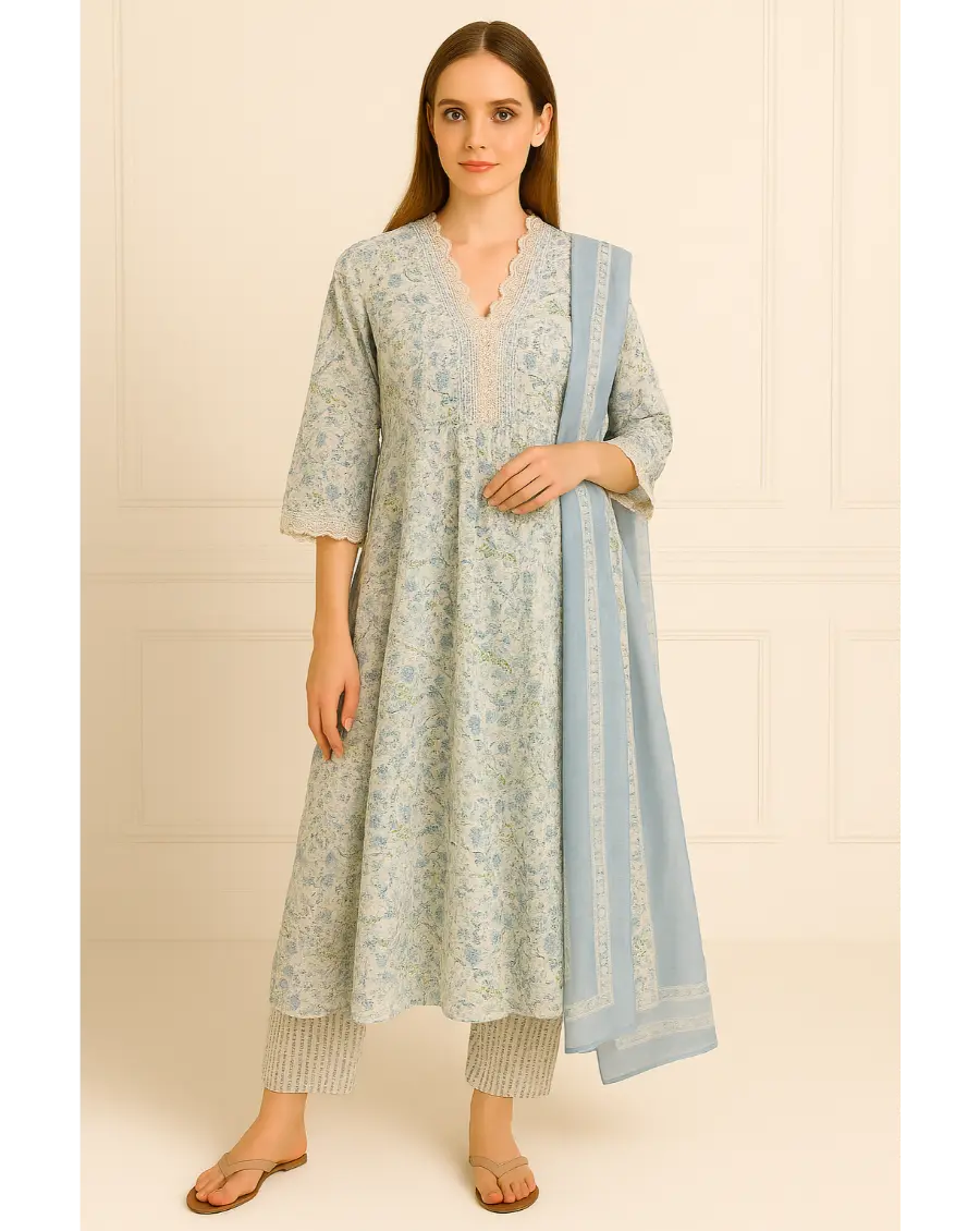Women Cream Blue Sanganeri  Anarkali Cotton Suit