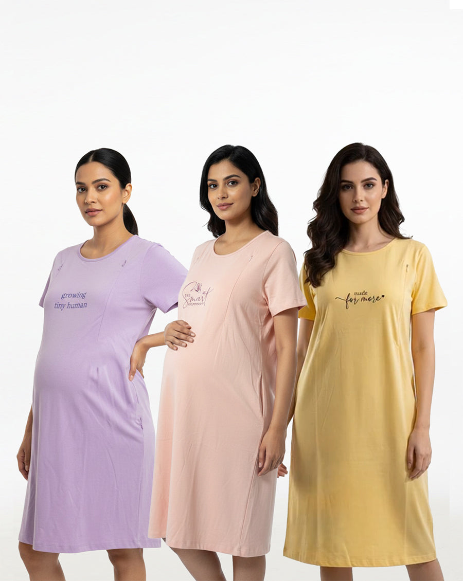Pack of 3-Women Maternity Feeding Zip Lounge T-Shirt-Peach, Yellow, Lavender