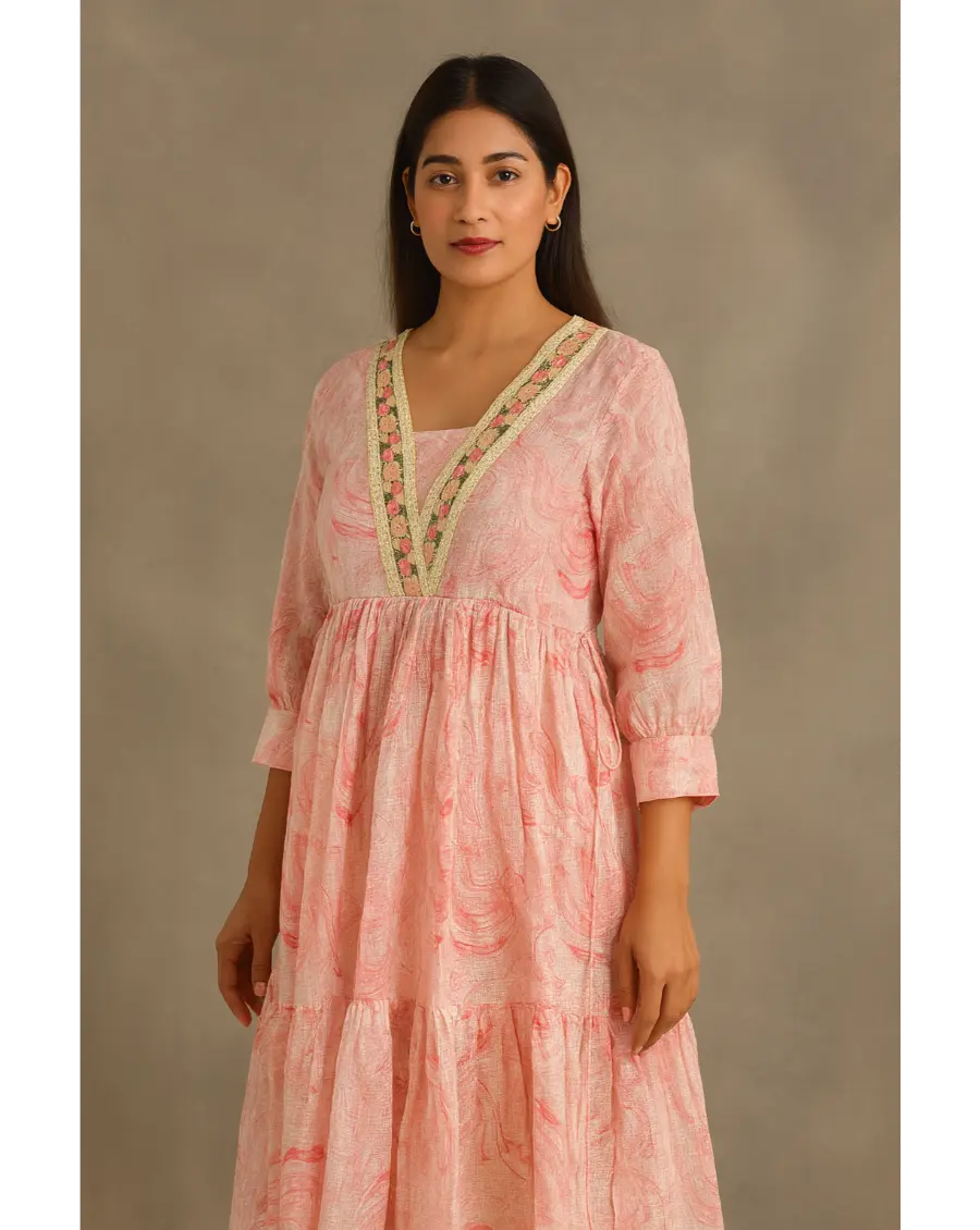 Pink Kota Doria Marble Mid-Lenght Dress with V-Neck