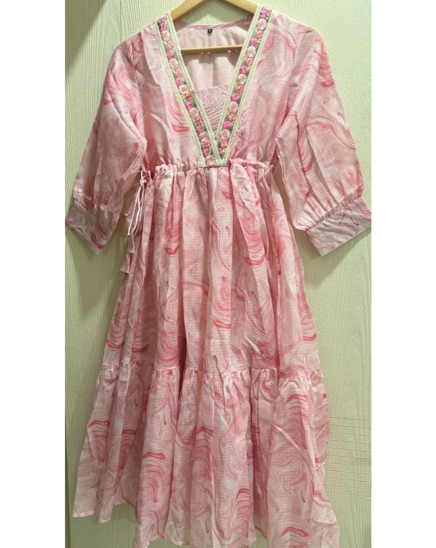 Pink Kota Doria Marble Mid-Lenght Dress with V-Neck