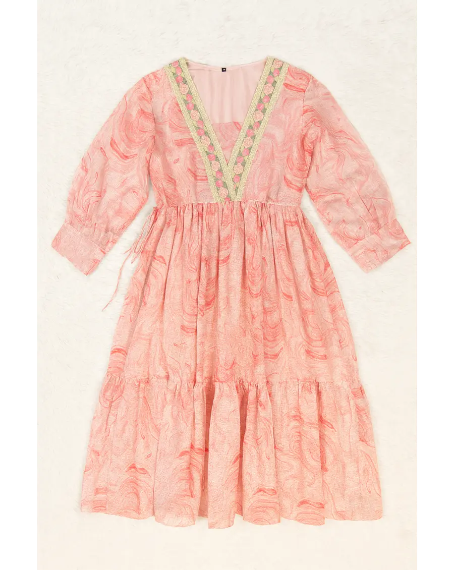 Pink Kota Doria Marble Mid-Lenght Dress with V-Neck