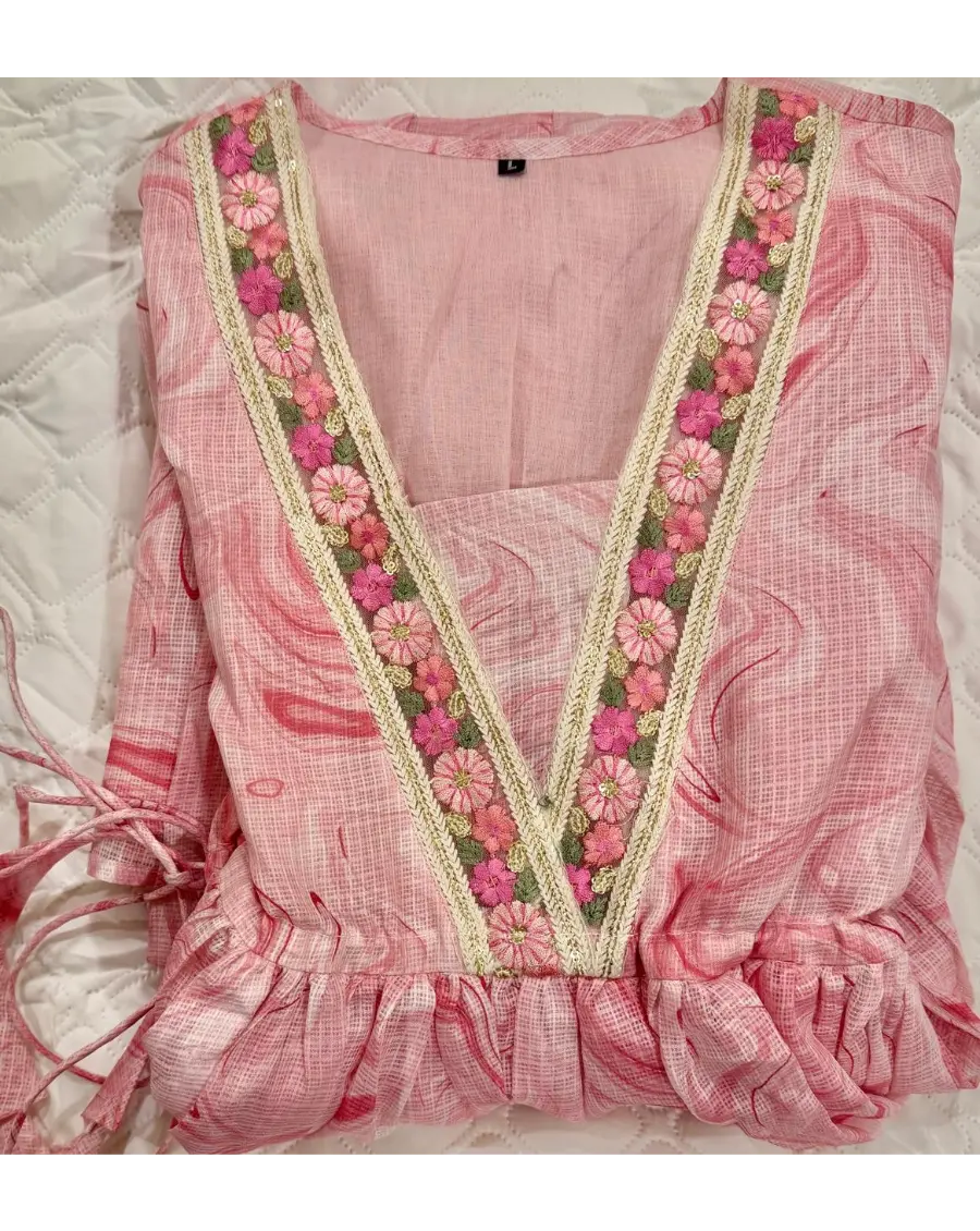 Pink Kota Doria Marble Mid-Lenght Dress with V-Neck