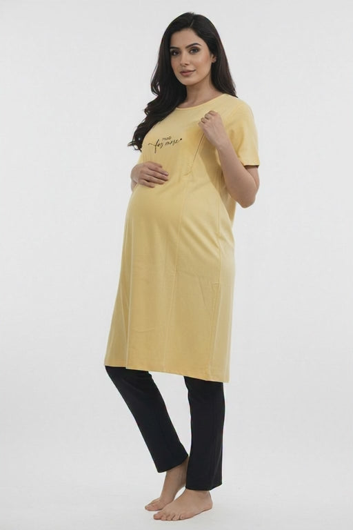 Women Maternity lounge Yellow T-Shirt & Black Pant Set