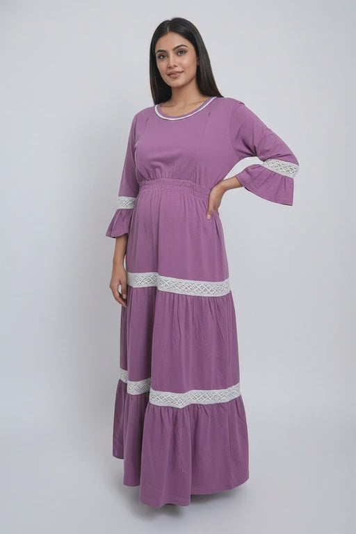 Women 3/4th sleeves Ultra Soft Cotton Maternity Maxi-Purple
