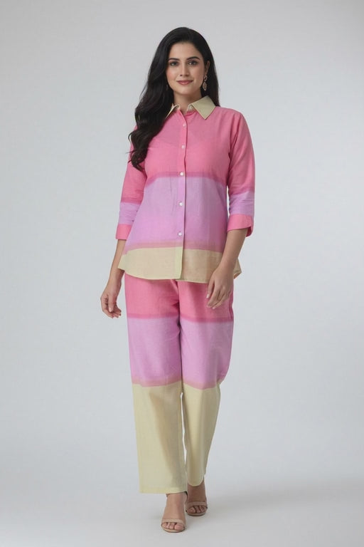 Cambric Cotton Breathable Ombre Co-ord Set- Pink