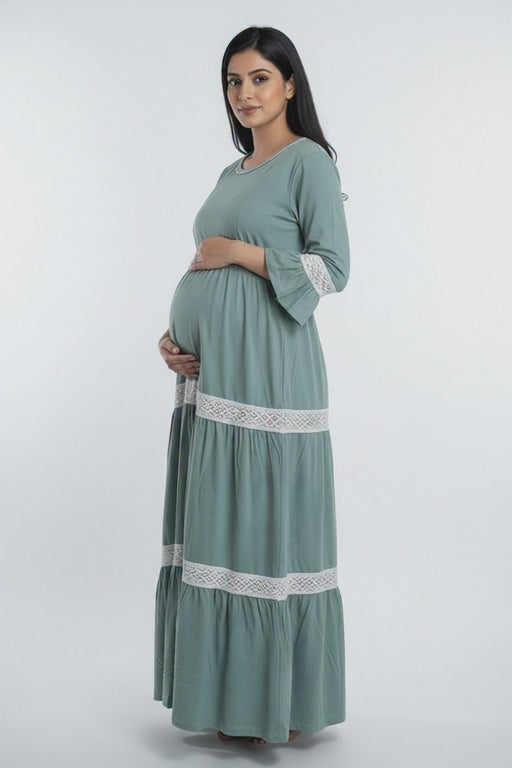Women 3/4th sleeves Ultra Soft Cotton Maternity Maxi-Sage Green