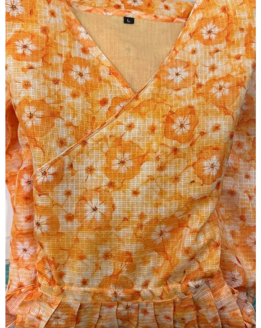 Orange Angrakha Style Kota Doria Dress