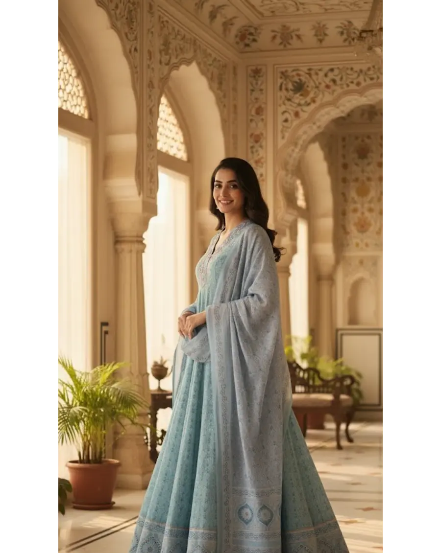 Women Powder Blue Color Printed Cotton Fabric Anarkali Kurta Set