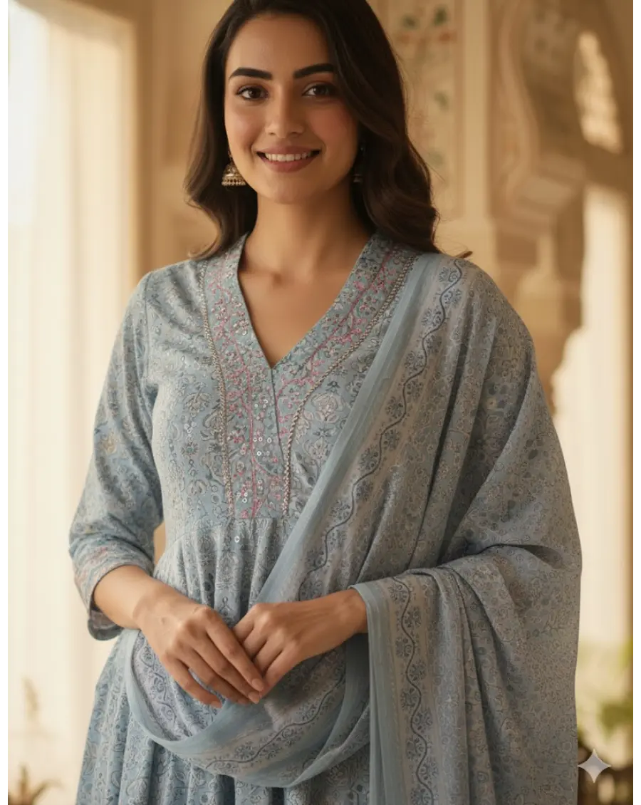 Women Powder Blue Color Printed Cotton Fabric Anarkali Kurta Set