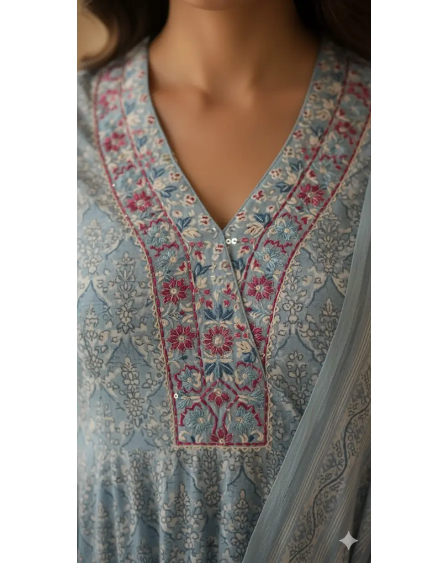 Women Powder Blue Color Printed Cotton Fabric Anarkali Kurta Set